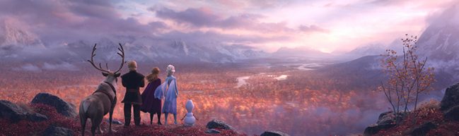 Sven, Kristof, Anna, Elsa und Olaf stehen auf einem Berg und überblicken einen Wald