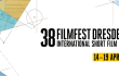 Visual für das Filmfest Dresden mit der Schrift: 38. filmfest DresdenI nternational Short film Festival 14-19 April 2026 mit abstrakten Zeichnungen, die an Geometrie und Zahnräder erinnern